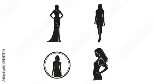 Minimal women model silhouette logo set featuring 4 elegant fashion poses including standing pose, runway walking model, circular emblem badge, and stylish side profile design.