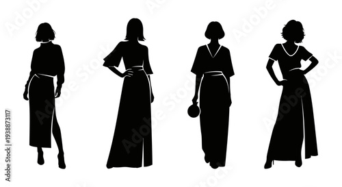 Minimal women model silhouette logo set featuring 4 elegant fashion poses including standing pose, runway walking model, circular emblem badge, and stylish side profile design.