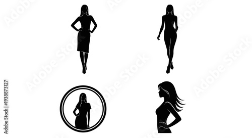 Minimal women model silhouette logo set featuring 4 elegant fashion poses including standing pose, runway walking model, circular emblem badge, and stylish side profile design.