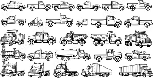Automotive  Transportation Trucks Line Art Collection. Hand-drawn black and white outline set of commercial vehicles, pickup, dump, and semi-trailer trucks.