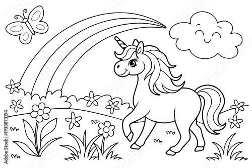 Magical Unicorn Coloring Page for Kids - Cute Unicorn with Flowers and Butterflies Line Art
