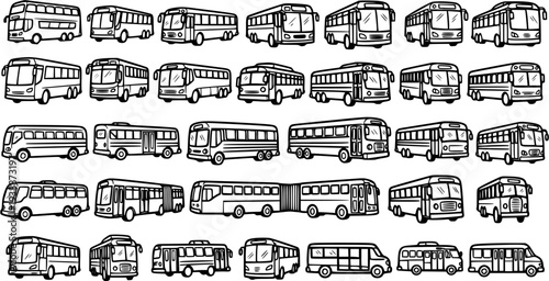 Transportation Buses Vector Collection - Hand-drawn Outline Public Transit Vehicles Set in Black and White Line Art Style
