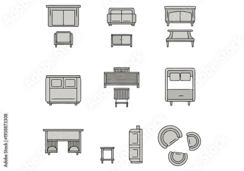 Collection of Furniture Elements and Architectural Decor for Interior Design Planning and Prototyping Isolated on White Background furniture icons