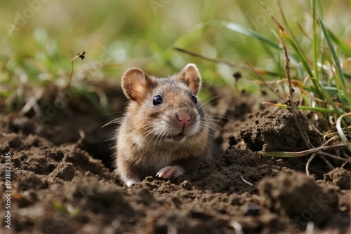 A small mouse peeking out from a hole in the soil amidst grass and dirt