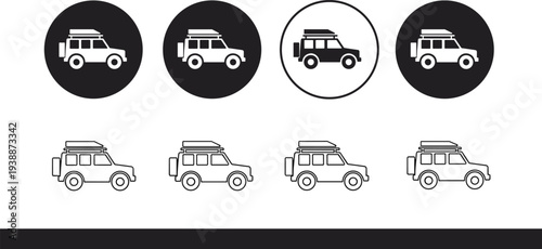 Off road SUV car icons set, adventure vehicle silhouettes collection, camping transport symbols, travel automobile design elements, flat vector illustration