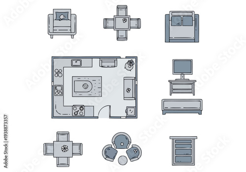 Top View Furniture Collection For Interior Design Planning And Layout Creation With Floor Plan Elements furniture icons interior design architecture