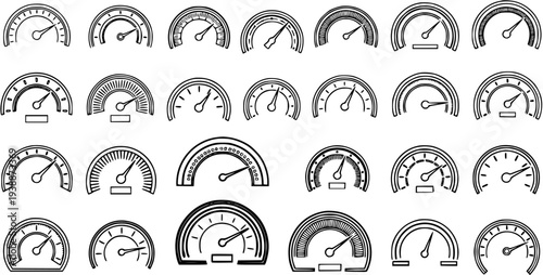 Automotive and Business Performance Gauges Line Art Collection. Hand-drawn Speedometers, Dials, and Measurement Indicators in Black and White Sketch Style.
