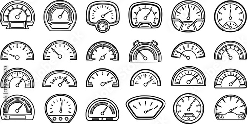 Automotive Speedometer and Gauge Icons Set. Black and White Line Art Collection of Vehicle Dashboard Indicators, Car Speed, and Measurement Meters.