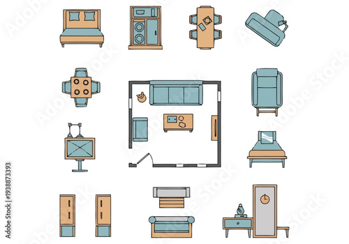 Collection Of Furniture Icons For Interior Design And Home Planning Top View Perspective Clean Line Art Style Collection Of Living Room Bedroom