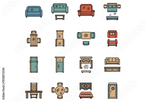 Collection of Top Down Furniture Icons Representing Rooms and Living Spaces With Different Styles and Colors For Interior Design Projects furniture