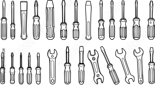 Black and White Line Art Vector Hand Tools Set. Screwdrivers and Wrenches for Construction, Repair, DIY, and Home Improvement Projects and Maintenance