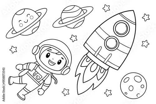 Space Adventure Coloring Page for Kids - Astronaut, Rocket, Planets Line Art Illustration
