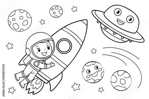 Space Adventure Coloring Page for Kids - Astronaut, Rocket, Planets Line Art Illustration