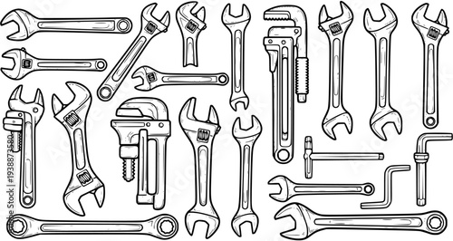 Black  White Line Art Wrenches Set. Hand-Drawn Repair, Construction, and DIY Tools Collection. Outline Mechanic and Plumbing Equipment Vector.