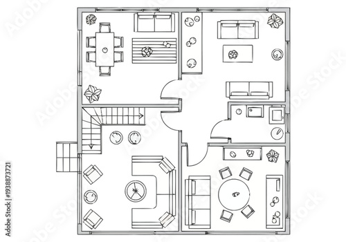 Detailed Architectural Floor Plan Layout Design For A Spacious Modern Residential Building With Multiple Rooms And Furniture Arrangement For Living