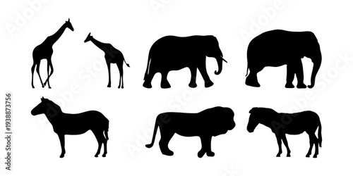 Animal silhouette collection including lion giraffe elephant and horse, detailed wildlife vector set isolated on white background for logo branding design