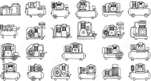 Black and White Line Art Collection of Various Air Compressor Machines, Industrial Equipment Vector Graphics