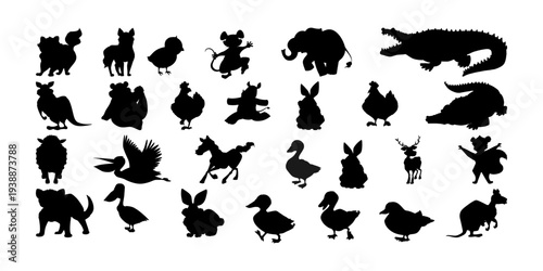Birds and animal silhouette collection including crocodile duck hen and elephant, diverse wildlife vector set isolated on white background for design projects