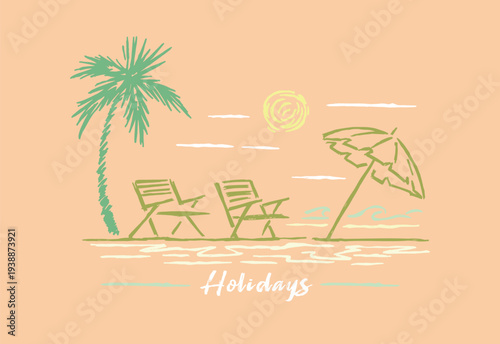 Fine lines that depict tranquility. A coconut palm, soft shadows, and the invitation of a deck chair. The calmness of the beach translated into the simplicity of a modern and clean sketch.