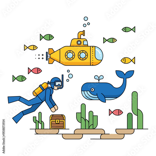 Scuba diver, yellow submarine, whale, and treasure chest underwater with fish and plants