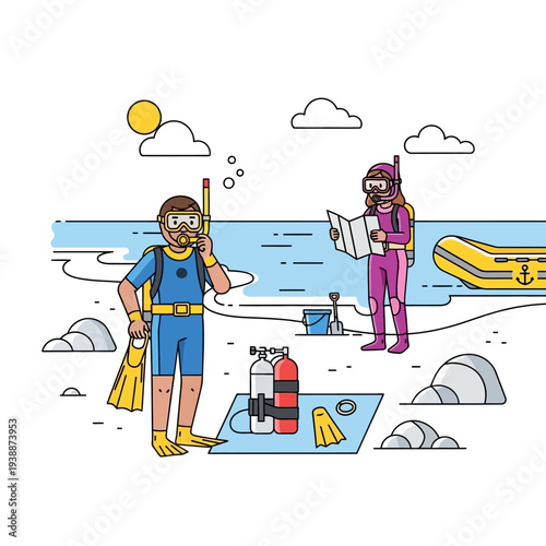 Scuba Divers Preparing for Underwater Adventure on Sandy Beach with Equipment