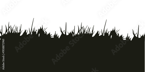 Flat illustration of bush and black grass silhouette with cartoon line plants and shrubs for border framing landscape decoration design