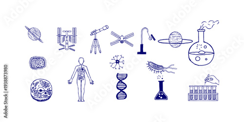 Hand drawn science elements and icons in doodle style featuring laboratory equipment formulas and educational symbols isolated for school design