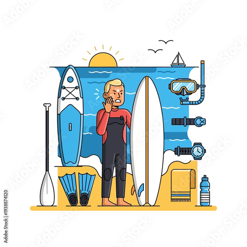 Surfer with surfboard, paddleboard, snorkel gear, and fins on beach at sunset