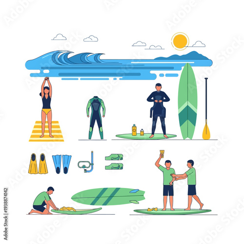 Surfing equipment and people preparing for water sports on a sunny day