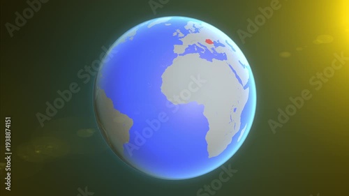 The animation shows a graphic representation of the earth and highlights the location and map of Romania colored red.