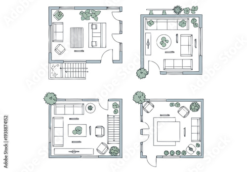 Modern Apartment Layouts Showing Living Room and Bedroom Floor Plans with Furniture Arrangement Details Top View furniture icons interior design