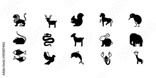 Zoo animal icons collection including lion, deer, tiger, elephant, turtle, squirel