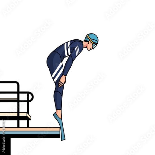 Swimmer in wetsuit poised to dive from starting block, athletic preparation