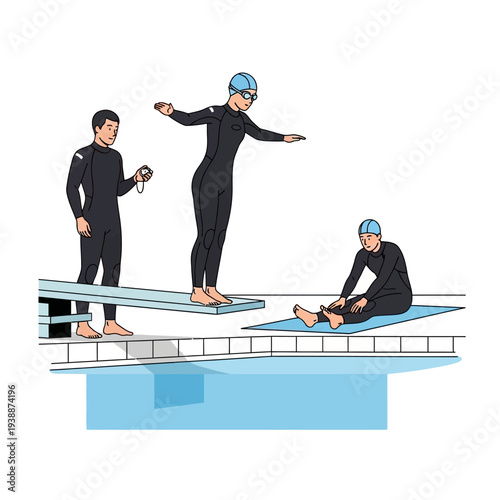 Swimming coach with stopwatch watches diver on springboard and athlete stretching by pool