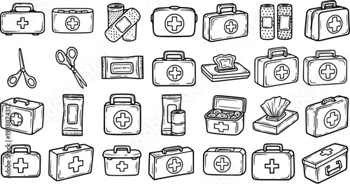 Medical Healthcare First Aid Kit and Supplies Black  White Line Art Doodle Icons. Hand-drawn Emergency Health Sketch Collection.