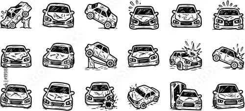Black and White Line Art Cars in Various Accident and Damaged States, Vector Icons