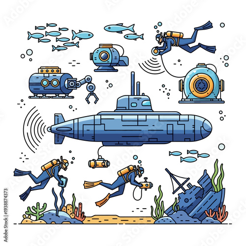 Underwater exploration: submarine, divers, ROV, and marine life