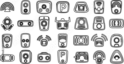 Automotive Car Sensors and Smart Vehicle Technology Black Line Art Icons Set. Vehicle Parking Assist, Rearview Cameras, Radar, Lidar, and ADAS Outline Symbols.