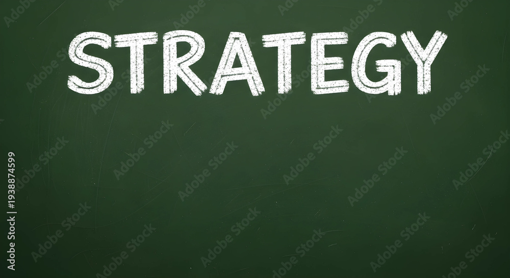 Obraz premium 黒板 背景 深緑 戦略 STRATEGY チョーク 手書き 質感 汚れ 消し跡 コピースペース 16:9 ビジネス 経営 計画 資料 素材