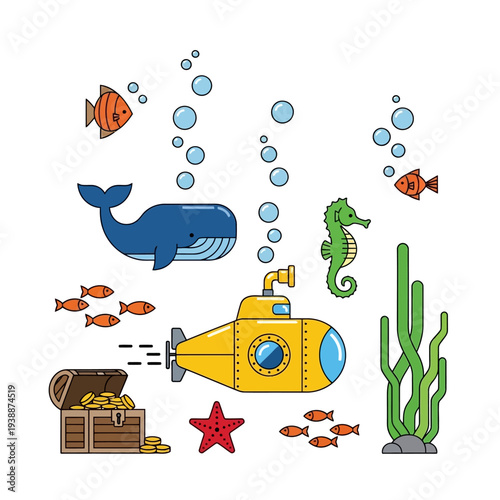 Underwater scene with submarine, whale, seahorse, treasure chest, and fish