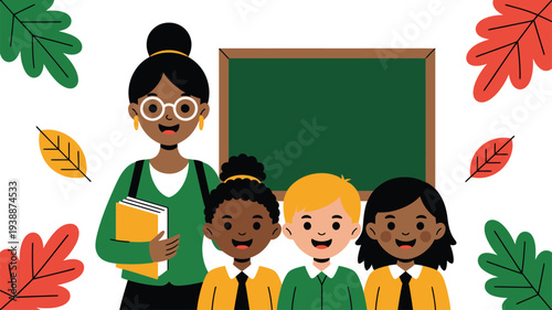 Teacher students classroom leaves blackboard