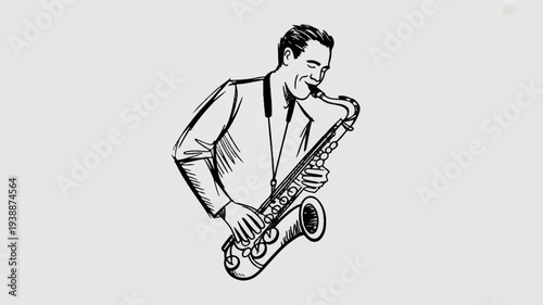 Man playing saxophone with passion and skill in a suit on gray background