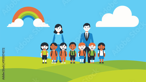 Teachers students diverse group outdoor rainbow