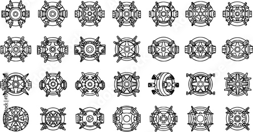 Industrial Technology Mechanical Parts Outline Icons Set: Abstract Engines, Turbines, and Thrusters in Black and White Vector Line Art