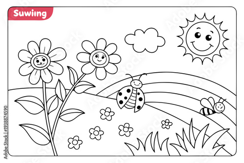 Spring Garden Coloring Page for Kids - Flowers, Bees, Ladybugs, Butterfly Seasonal Line Art