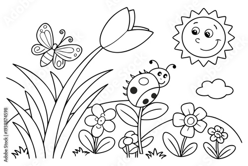 Spring Garden Coloring Page for Kids - Flowers, Bees, Ladybugs, Butterfly Seasonal Line Art
