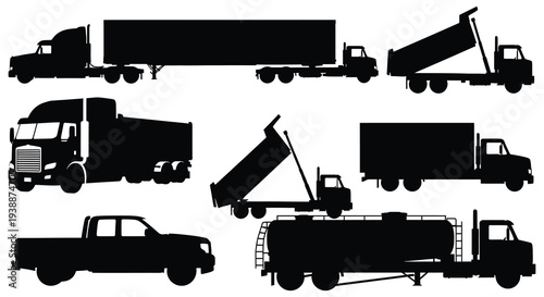 Various commercial trucks and vehicles are displayed in a stark black silhouette high quality professional detailed modern elegant