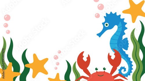 Underwater cartoon seahorse crab starfish