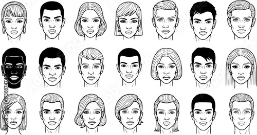 Diverse Human Faces Avatars Collection in Black and White Outline Line Art Style for People, Identity, and Demographic Representation
