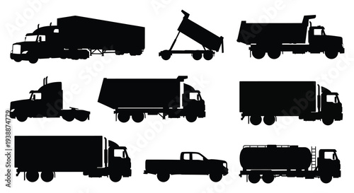 A collection of various commercial transport vehicles depicted in bold black silhouettes high quality professional detailed modern elegant